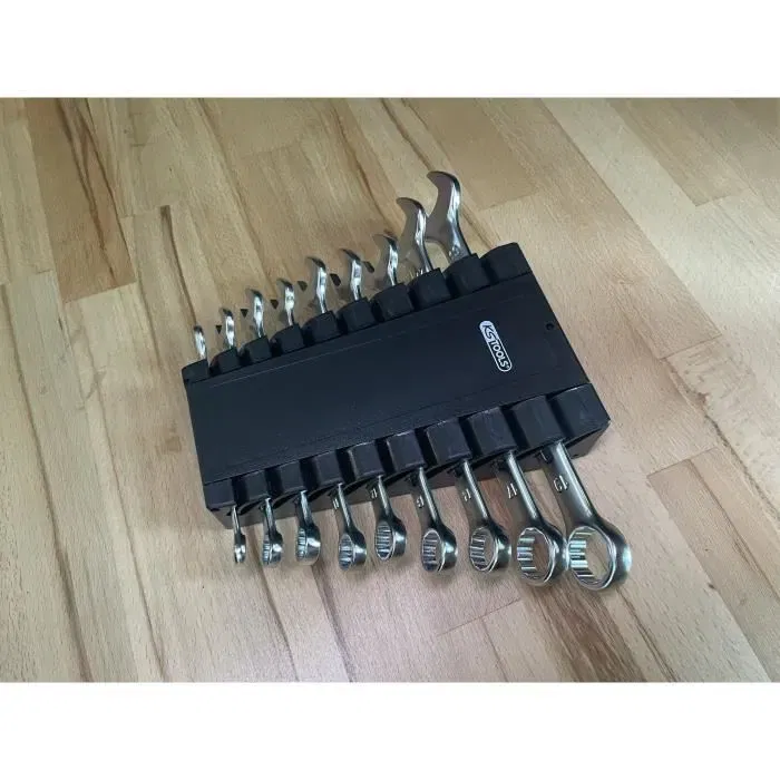 KS TOOLS 922.0043 - Jeu de 9 clés mixtes métriques plates à cliquet en boîte - Fourche à 15° - 8 à 19 mm