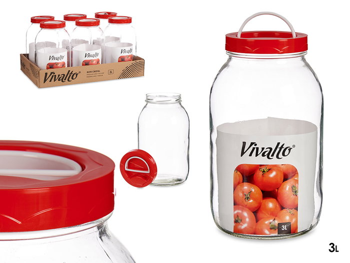 Vivalto Bocal en verre 3L avec couvercle rouge et anse 13x24x13 cm (Set de 6) Vivalto Bocal en verre 3L avec couvercle rouge et anse 13x24x13 cm (Set de 6)