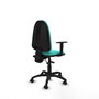 Chaise de bureau Aýna avec mécanisme Asincro, revêtement en simili cuir turquoise. Équipée d'une base en polyamide noir, d'accoudoirs 1D et de roulettes pour parquet