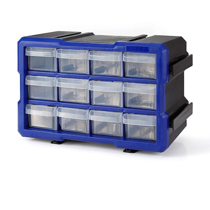 Workpro Organisateur empilable 12 tiroirs transparents noir et bleu, 295 x 195 x 160 mm en polypropylène Workpro Organisateur empilable 12 tiroirs transparents noir et bleu, 295 x 195 x 160 mm en polypropylène
