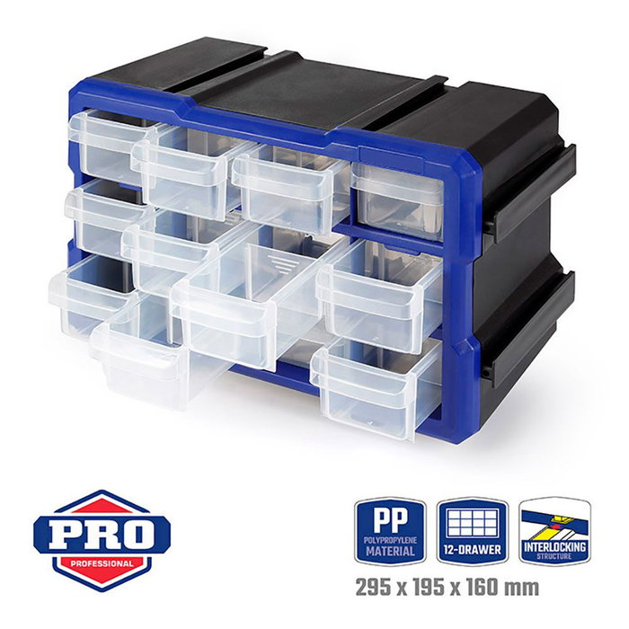 Workpro Organisateur empilable 12 tiroirs transparents noir et bleu, 295 x 195 x 160 mm en polypropylène Workpro Organisateur empilable 12 tiroirs transparents noir et bleu, 295 x 195 x 160 mm en polypropylène