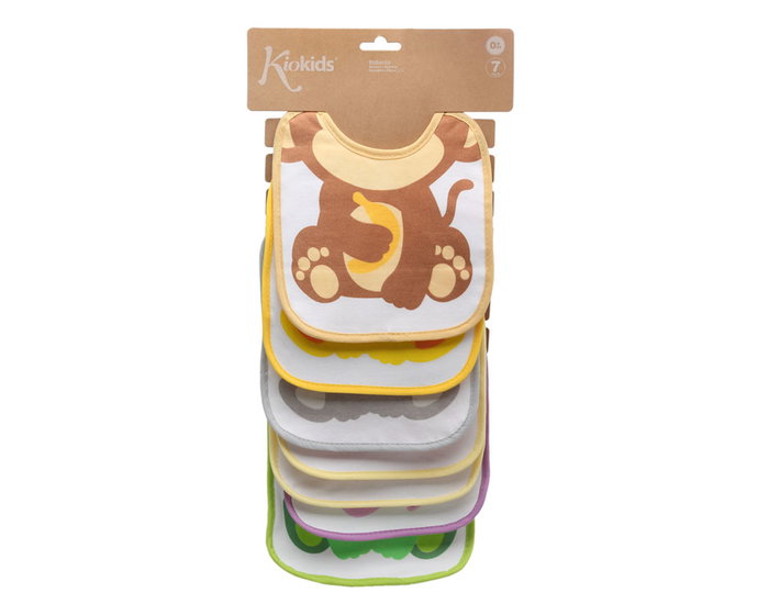 KioKids - Set de 7 Bavoirs Hebdomadaires avec Motifs d'Animaux - Bavoir Bébé Très Absorbant à 3 Couches (Coton, Polyester, PEVA) - Dès la Naissance