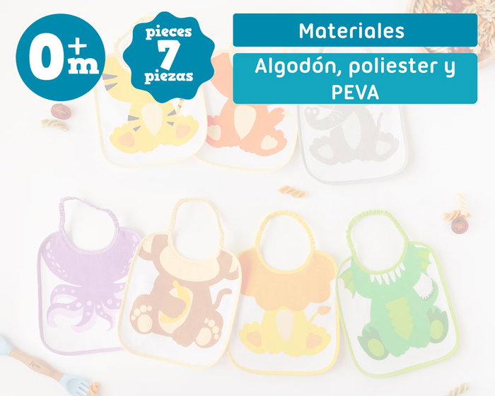 KioKids - Set de 7 Bavoirs Hebdomadaires avec Motifs d'Animaux - Bavoir Bébé Très Absorbant à 3 Couches (Coton, Polyester, PEVA) - Dès la Naissance