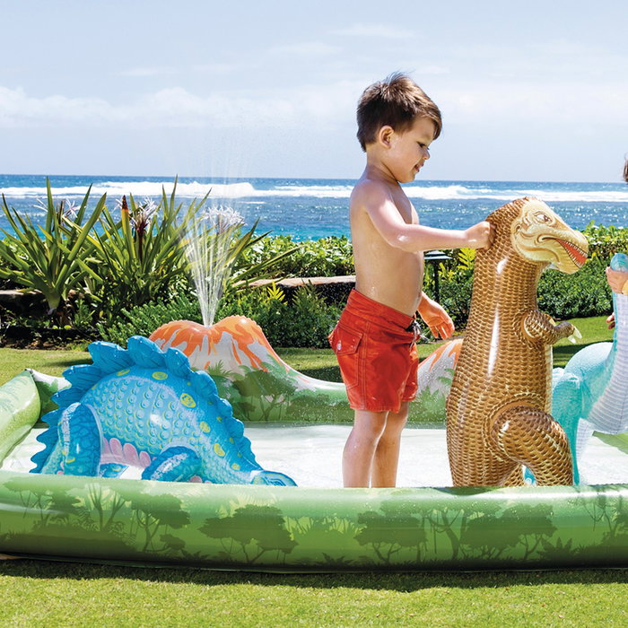 Intex Centro De Juegos Aventura Jurasica 56132 - Centre de Jeux Aquatique Gonflable Dinosaurien pour Enfants, 201 x 201 x 36 cm, avec Volcan, Balles et Disperseur d'Eau
