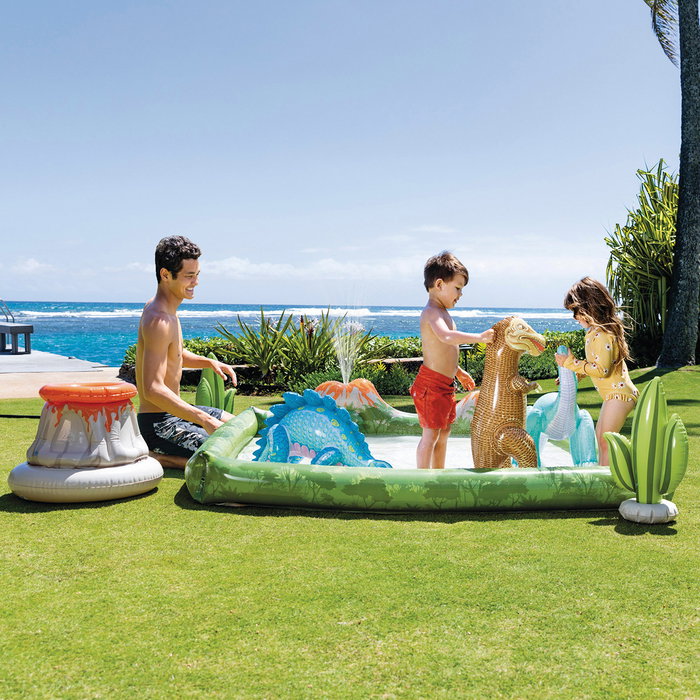 Intex Centro De Juegos Aventura Jurasica 56132 - Centre de Jeux Aquatique Gonflable Dinosaurien pour Enfants, 201 x 201 x 36 cm, avec Volcan, Balles et Disperseur d'Eau