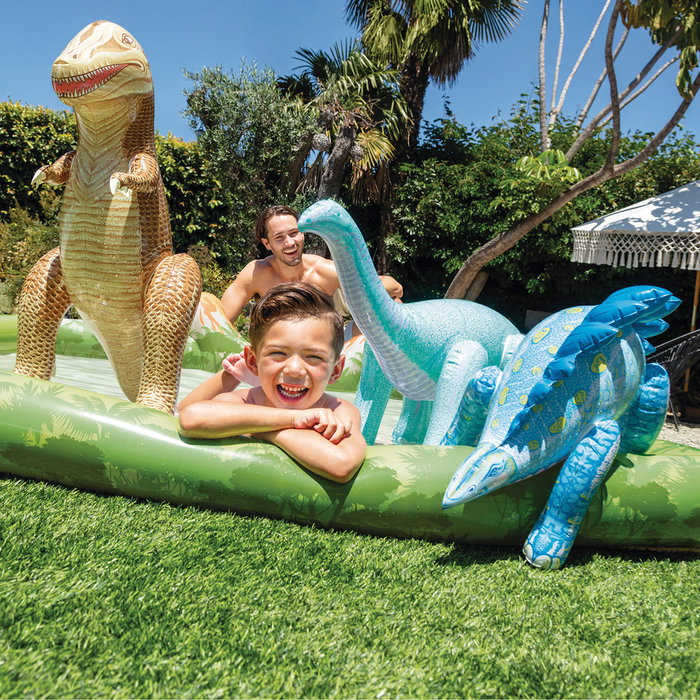 Intex Centro De Juegos Aventura Jurasica 56132 - Centre de Jeux Aquatique Gonflable Dinosaurien pour Enfants, 201 x 201 x 36 cm, avec Volcan, Balles et Disperseur d'Eau