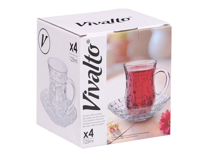 Vivalto Set de 4 tasses en verre avec soucoupe effet osier 125 ml 14x15x13 cm (Set de 12)