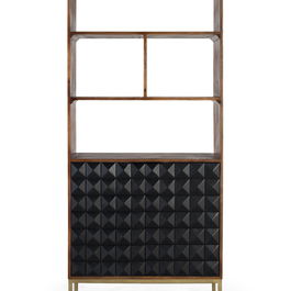 GINER Y COLOMER Bibliothèque en Bois de Manguier avec Portes à Motif Géométrique et Pieds en Fer Doré - 3 Étages, Coloris Noisette et Noir