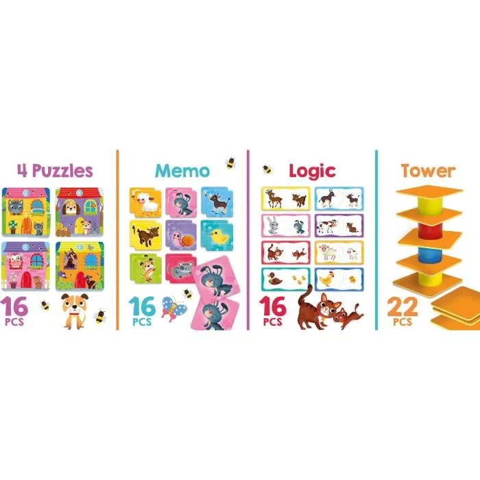 Lisciani Giochi CAROTINA BABY 4 en 1 La Ferme - Coffret éducatif complet avec puzzle, associations d'images, jeux de logique, mémoire et activités créatives pour enfants 1-4 ans