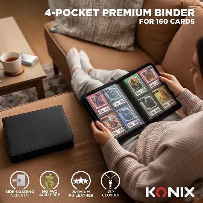Konix - Mini album Premium 160 cartes à collectionner - 4 pochettes 63 x 88 mm - Compatible Magic The Gathering, Pokémon, Yu-Gi-Oh! - Noir - Protection PU et zip Konix - Mini album Premium 160 cartes à collectionner - 4 pochettes 63 x 88 mm - Compatible Magic The Gathering, Pokémon, Yu-Gi-Oh! - Noir - Protection PU et zip