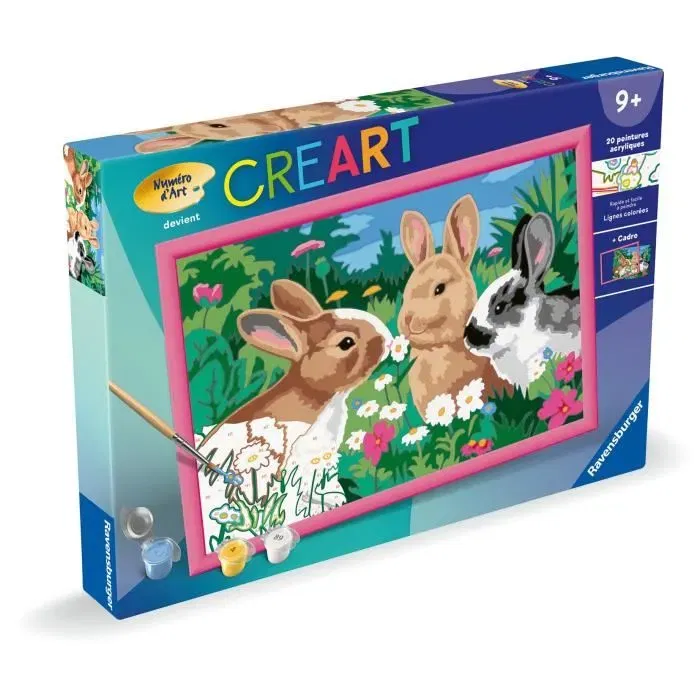 Ravensburger Kit Peinture par Numéros 25847 CreArt Kids - Lapins dans le Pré - Tableau 31x21cm avec Cadre, 20 Pots de Peinture, Pinceau - Dès 9 ans