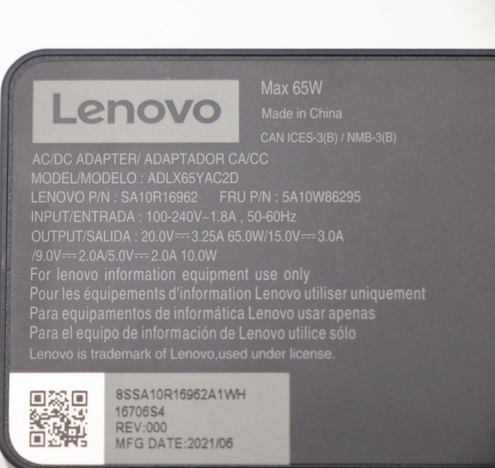 Lenovo Adaptateur Secteur 65W, Tensions multiples 20V/15V/9V/5V, Conception double port USB, Compatibilité mondiale