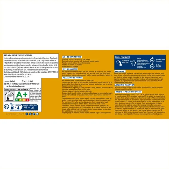 Ripolin - Peinture Multi-Supports Jaune Miel RAL 1004 Mat, 2 Litres - Bois, Fer, Béton, PVC, Résiste aux UV et Intempéries