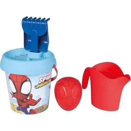 Smoby - Seau de Plage Spidey avec Accessoires : Arrosoir, Pelle, Râteau, Tamis et Moule à Sable - 17 cm - En Plastique Recyclé - Pour Enfant à Partir de 18 Mois