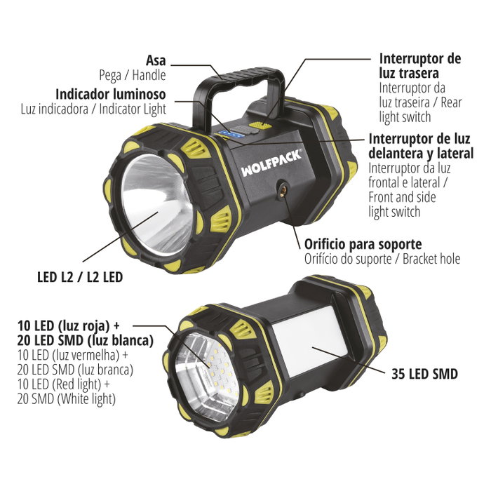 WOLFPACK LINEA PROFESIONAL Lampe LED Multiusos 3 en 1 Rechargeable 400 Lumens WOLFPACK LINEA PROFESIONAL Lampe LED Multiusos 3 en 1 Rechargeable 400 Lumens