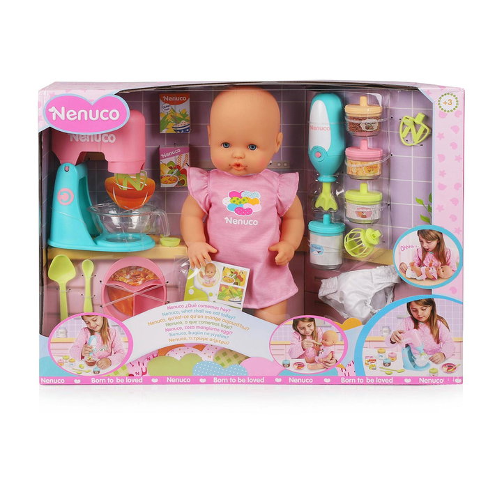 Nenuco Nfn43000 Famosa ¿Qué Comemos Hoy? - Jouet poupée dînette 42 cm avec accessoires électroniques (batteur, mixeur pâtisserie, vaisselle, tuppers)