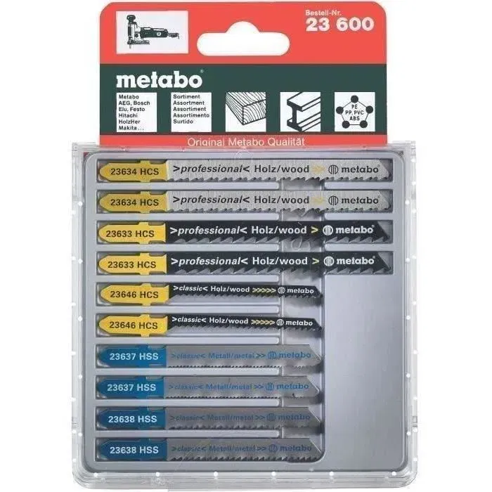 Metabo - Lot de 10 lames pour scie sauteuse - Bois, métal, plastique - HCS/HSS bimétal - Longueur 80 mm Metabo - Lot de 10 lames pour scie sauteuse - Bois, métal, plastique - HCS/HSS bimétal - Longueur 80 mm