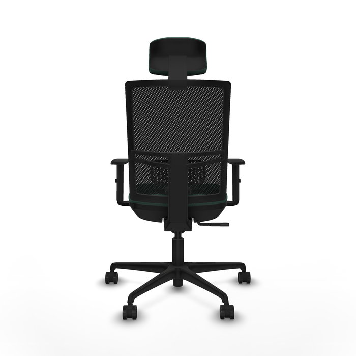 Chaise Yunquera Synchro 4 positions tissu Vert foncé Maille Noir Base en nylon noir Accoudoir 1D Appui-tête 1D Roulettes 65mm nylon