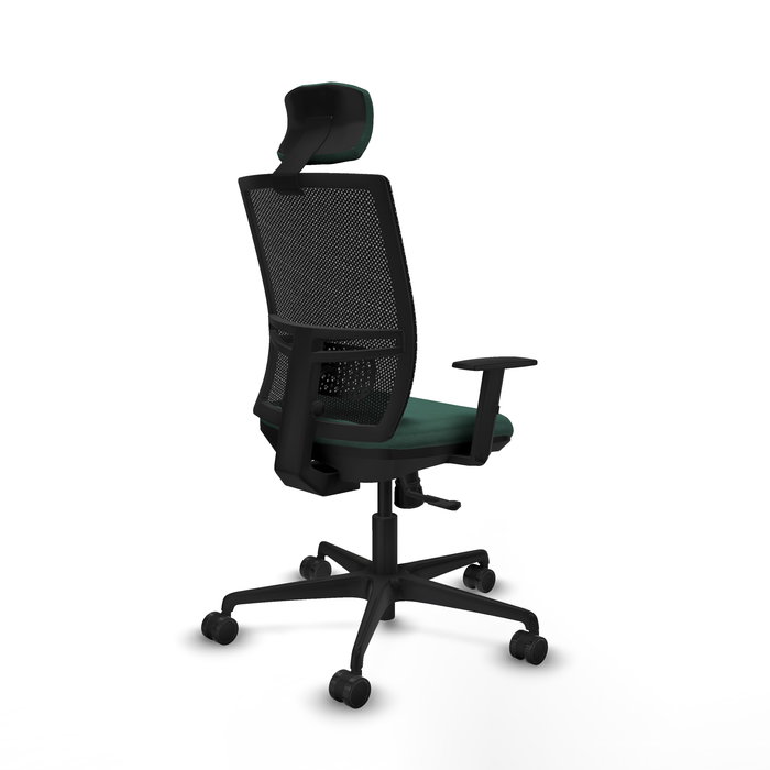 Chaise Yunquera Synchro 4 positions tissu Vert foncé Maille Noir Base en nylon noir Accoudoir 1D Appui-tête 1D Roulettes 65mm nylon