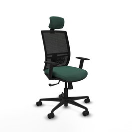 Chaise Yunquera Synchro 4 positions tissu Vert foncé Maille Noir Base en nylon noir Accoudoir 1D Appui-tête 1D Roulettes 65mm nylon