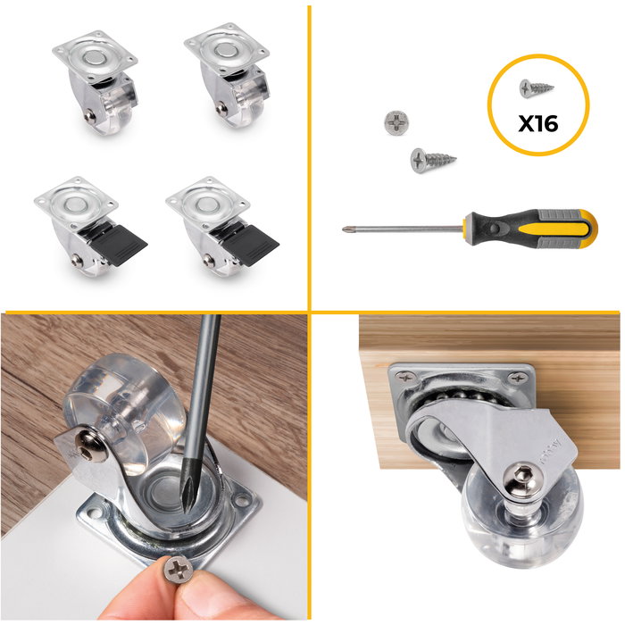 Emuca Lot de 4 roulettes transparentes Slip 3 avec plétine de montage, diamètre 35mm, Acier et Plastique