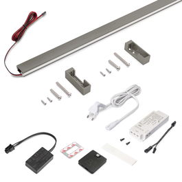 Emuca Kit barre pour armoire Luxe, ruban LED 4,5x8 Neonlynx V, détecteur de mouvement RF Smart et convertisseur Smart (24V DC), longueur 900mm, Lumière blanche chaude 2.700K, Aluminium et Plastique, Titane