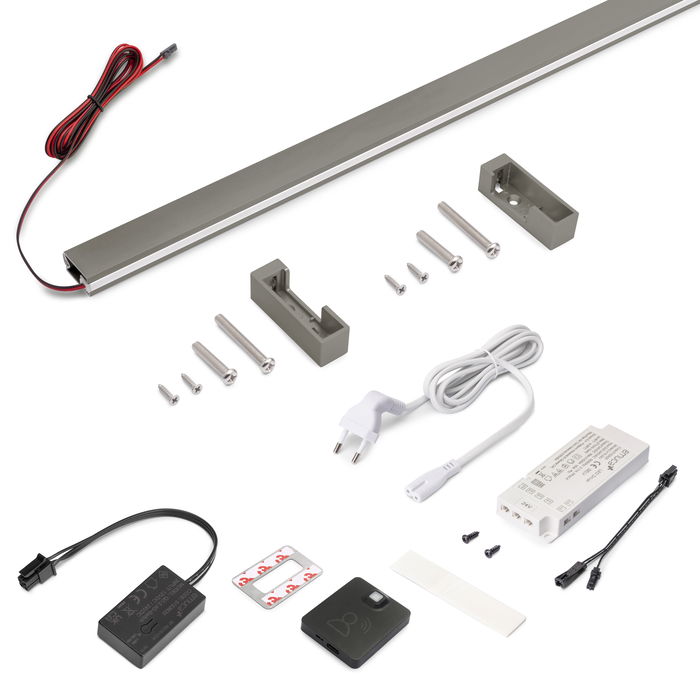 Emuca Kit barre pour armoire Luxe, ruban LED 4,5x8 Neonlynx V, détecteur de mouvement RF Smart et convertisseur Smart (24V DC), longueur 900mm, Lumière blanche chaude 2.700K, Aluminium et Plastique, Titane Emuca Kit barre pour armoire Luxe, ruban LED 4,5x8 Neonlynx V, détecteur de mouvement RF Smart et convertisseur Smart (24V DC), longueur 900mm, Lumière blanche chaude 2.700K, Aluminium et Plastique, Titane