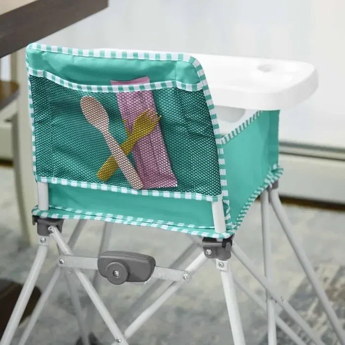 Bright Starts Pop N Dine - Chaise haute bébé portable et pliable, avec tablette amovible et harnais 3 points, pour enfants de 6 mois à 20 kg, tissu lavable, couleur ardoise
