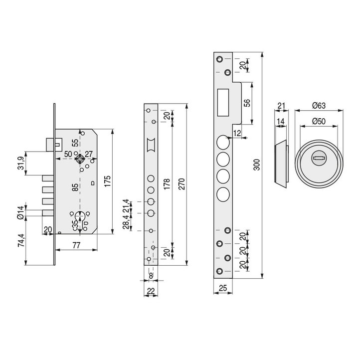 Tesa R200B566L - Serrure à encastrer avec 4 pênes en acier nickelé Ø14 mm, finition dorée, à chant droit, avec écran de sécurité E700L et cylindre T60 pour porte en bois