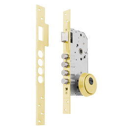 Tesa R200B566L - Serrure à encastrer avec 4 pênes en acier nickelé Ø14 mm, finition dorée, à chant droit, avec écran de sécurité E700L et cylindre T60 pour porte en bois