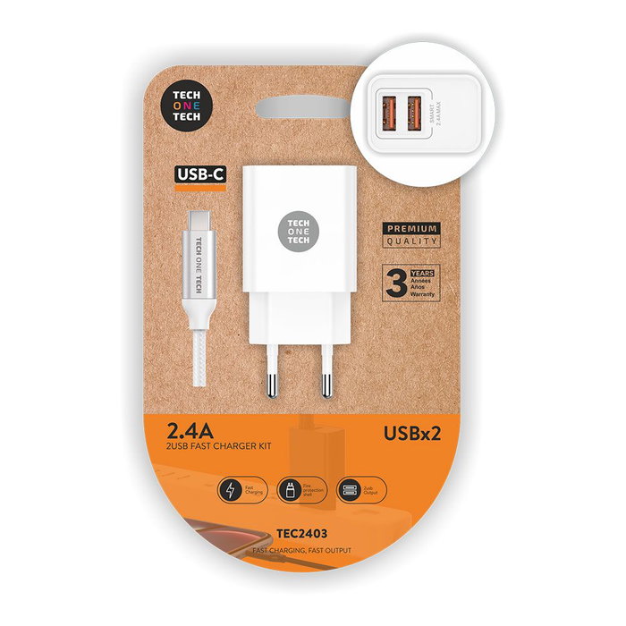 Chargeur Mural + Câble USB-C Tech One Tech TEC2403 Blanc Double Chargeur Mural + Câble USB-C Tech One Tech TEC2403 Blanc Double