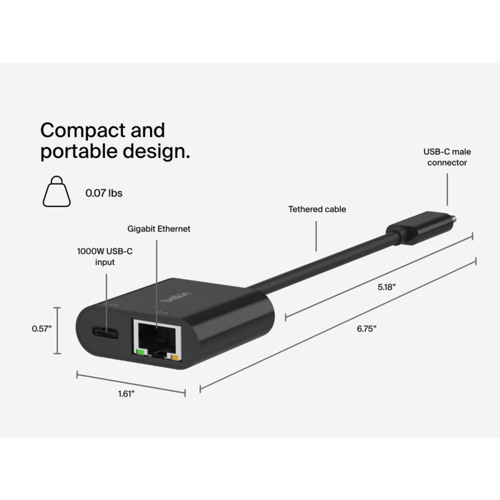 Belkin INC019BTBK Adaptateur USB-C vers Ethernet Gigabit et Charge 100W Noir Belkin INC019BTBK Adaptateur USB-C vers Ethernet Gigabit et Charge 100W Noir