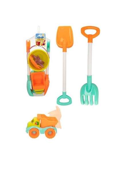 Color Baby Camion de plage 18 cm avec pelle, râteau, seau et 3 moules - dès 18 mois Color Baby Camion de plage 18 cm avec pelle, râteau, seau et 3 moules - dès 18 mois