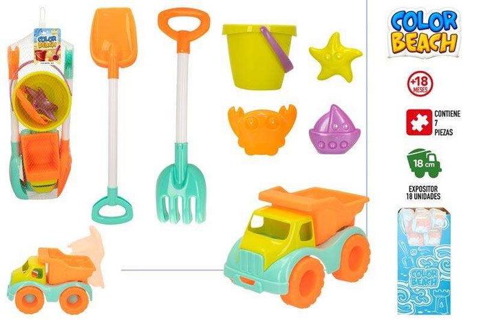 Color Baby Camion de plage 18 cm avec pelle, râteau, seau et 3 moules - dès 18 mois Color Baby Camion de plage 18 cm avec pelle, râteau, seau et 3 moules - dès 18 mois