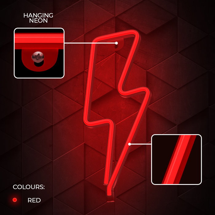 Forever Lampe Luminaire Neon LED Bolt Rouge avec Support Bureau | USB ou Piles | 34 cm
