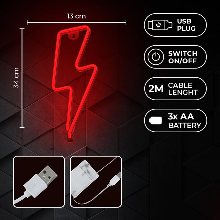 Forever Lampe Luminaire Neon LED Bolt Rouge avec Support Bureau | USB ou Piles | 34 cm
