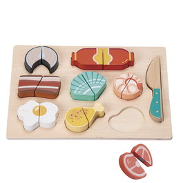 TACHAN - Jeu éducatif en bois FSC Puzzle découpe aliments avec couteau - 9 fruits/légumes velcro - Apprentissage mots et chiffres - Multilingue
