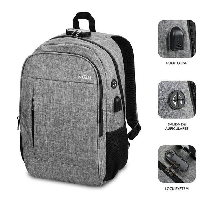 Sac à Dos pour Portable et Tablette avec Sortie USB Subblim SUB-BP-1UL0001 Gris Sac à Dos pour Portable et Tablette avec Sortie USB Subblim SUB-BP-1UL0001 Gris