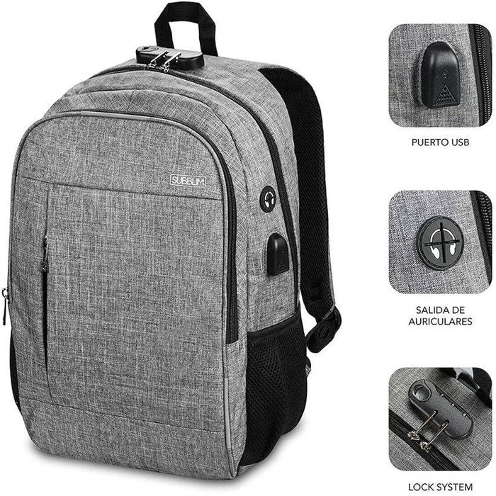 Sac à Dos pour Portable et Tablette avec Sortie USB Subblim SUB-BP-1UL0001 Gris Sac à Dos pour Portable et Tablette avec Sortie USB Subblim SUB-BP-1UL0001 Gris