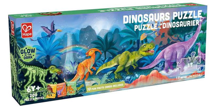 Hape Puzzle Dinosaures 200 Pièces 1,5 Mètres - Squelettes Phosphorescents dans le Noir - Avec 10 Cartes Informatives - Multilingue (EN, FR, DE, ES, IT, PT, NL)