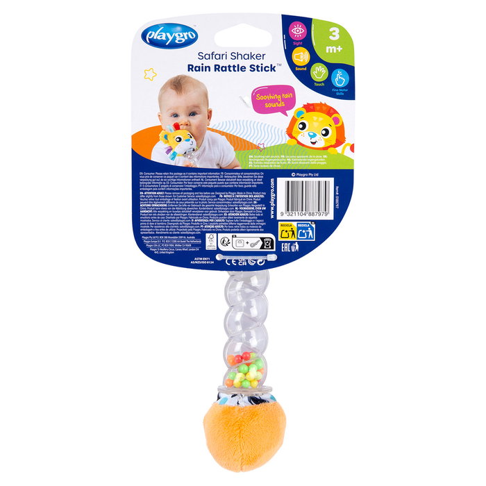 Playgro Hochet Safari Shaker Rain Rattle Stick Multilingue Dès 3 Mois 0188797