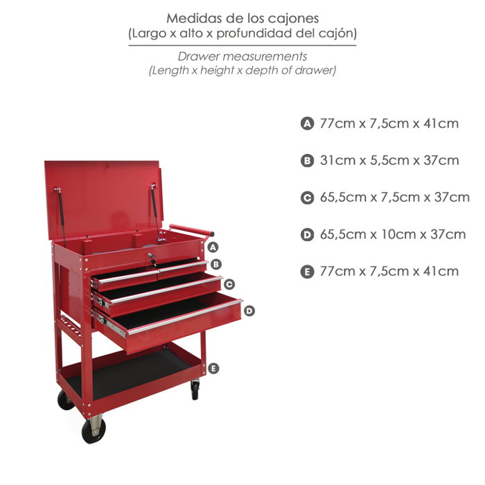 WOLFPACK LINEA PROFESIONAL Chariot Porte-outils Métallique 86x44x99 cm avec 4 Tiroirs et 2 Plateaux