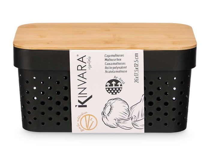 KINVARA Boîte multiusage perforée avec couvercle en bambou, noir et marron, lot de 8