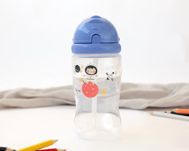 KioKids Gourde d'apprentissage 350 mL avec paille en silicone pour bébé +6 mois, bleue, sans BPA, lavable au lave-vaisselle, collection Vuelta al cole