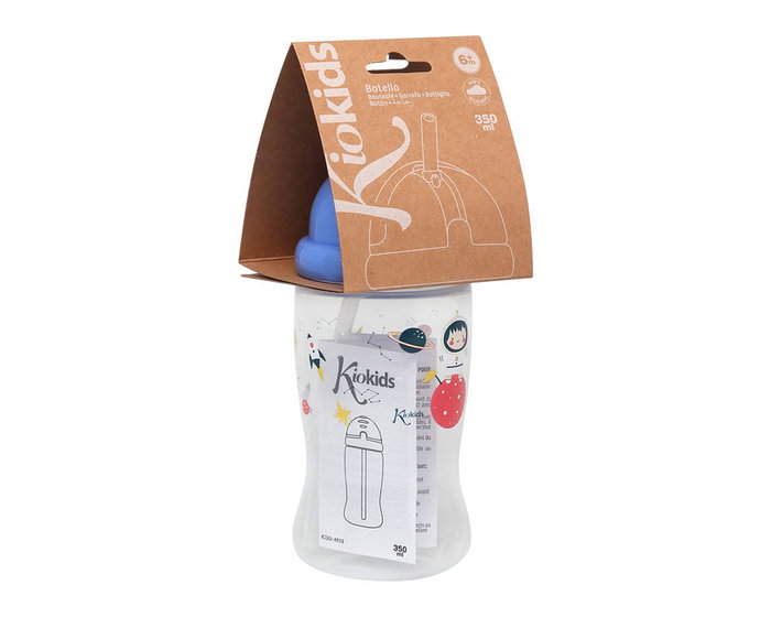 KioKids Gourde d'apprentissage 350 mL avec paille en silicone pour bébé +6 mois, bleue, sans BPA, lavable au lave-vaisselle, collection Vuelta al cole