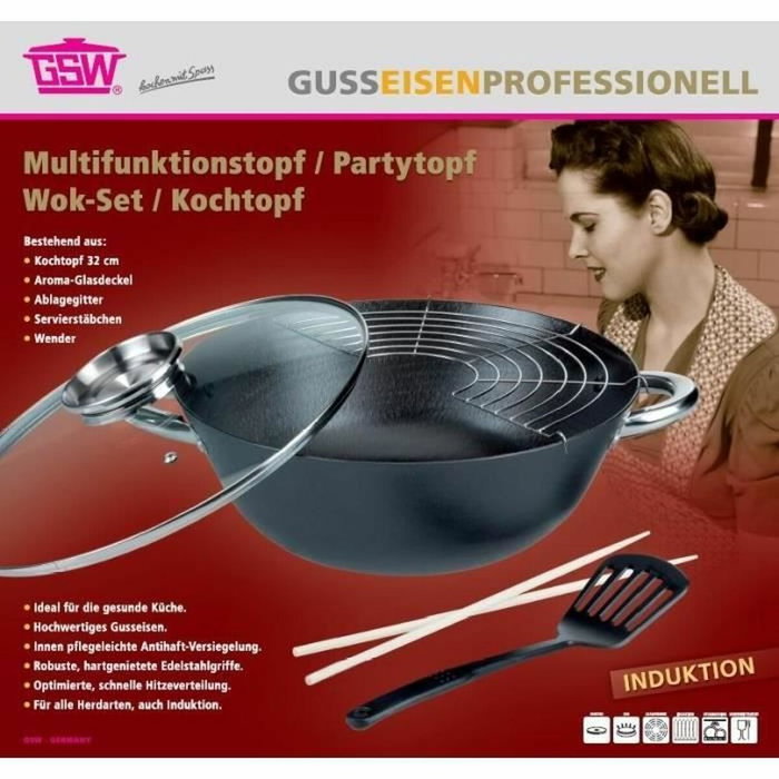 GSW Wok multifonction 5 pièces en fonte d'acier, 32 cm GSW Wok multifonction 5 pièces en fonte d'acier, 32 cm