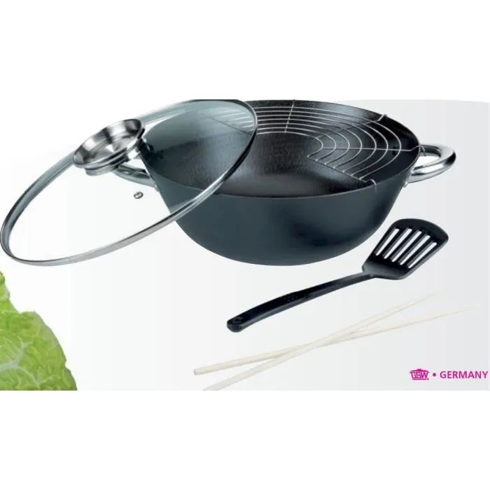 GSW 860956 - Wok fonte d'acier 32 cm multifonction 5 pièces, induction, sans PFOA ni PTFE, avec grille, spatule et baguettes