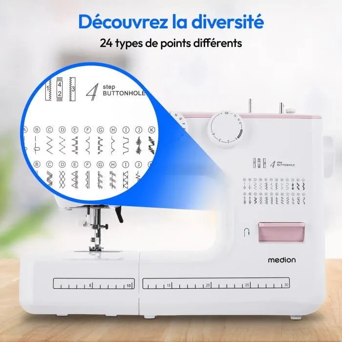 Medion Machine à coudre SM 60, 62W, 24 points + points doubles, 700 tr/min, éclairage LED, couleur rose, pour projets de couture