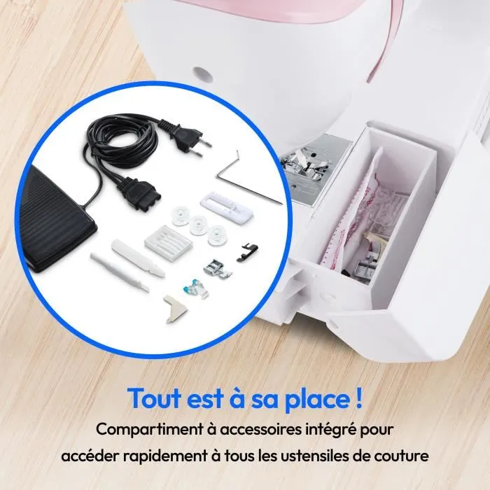 Medion Machine à coudre SM 60, 62W, 24 points + points doubles, 700 tr/min, éclairage LED, couleur rose, pour projets de couture