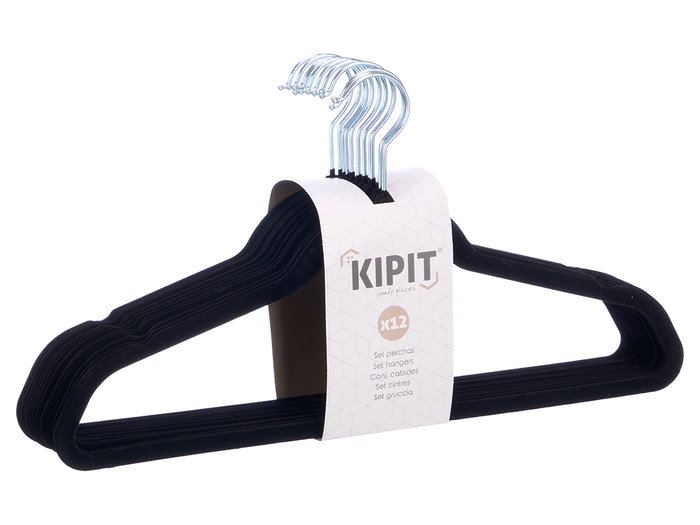 Kipit Lot de 12 Cintres Flockés Velours Noir avec Crochet Métal 44x23x0.5cm (Set de 12)